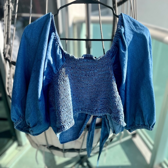 Plus Sz 1X Bow Front Tie Denim Crop Top 100% Cotton - Picture 10 of 12